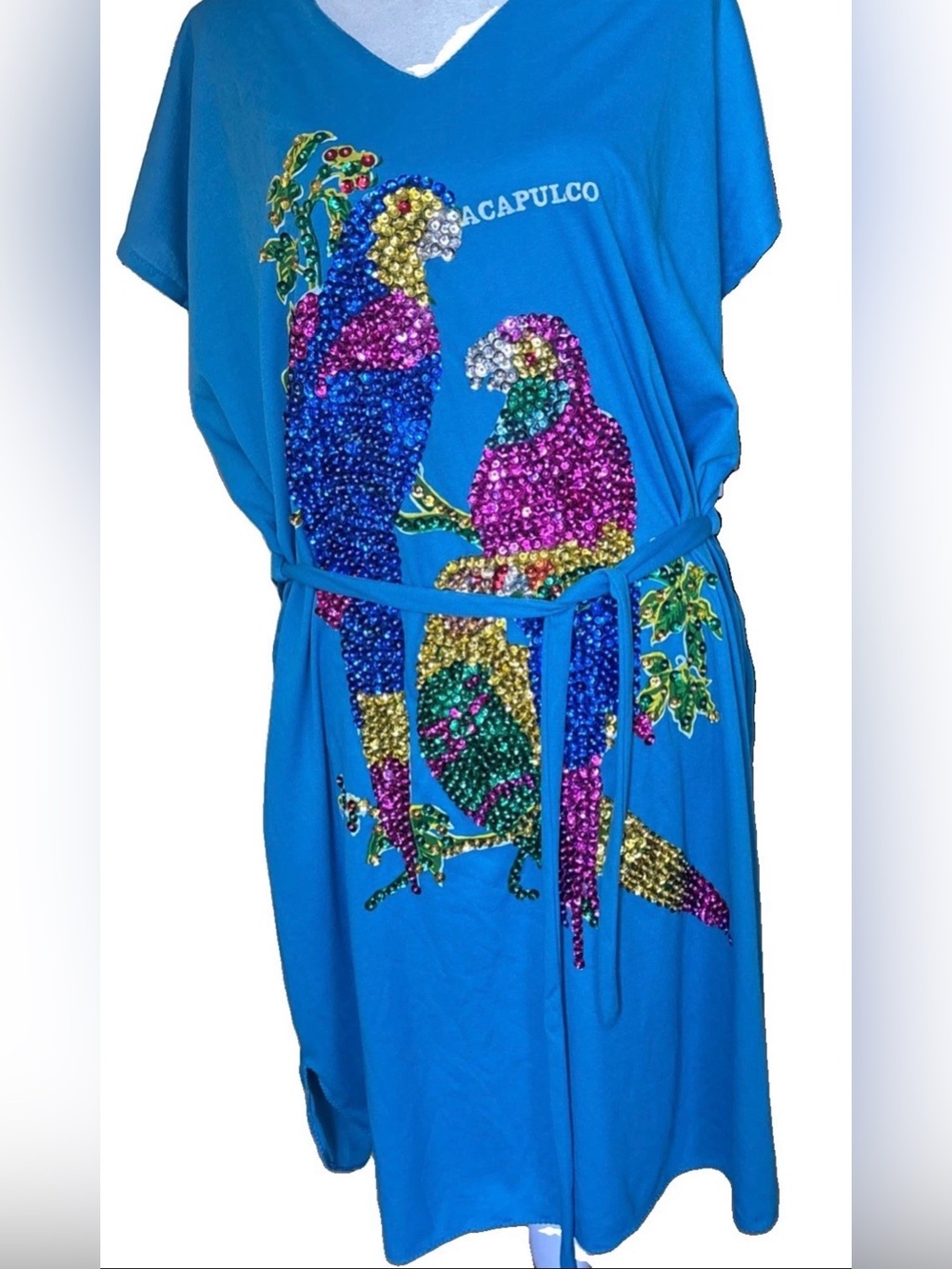 Vtg 1970s 80s Turquoise Acapulco Sequin Parrot tunic casual dress/Caftan/belt OS
